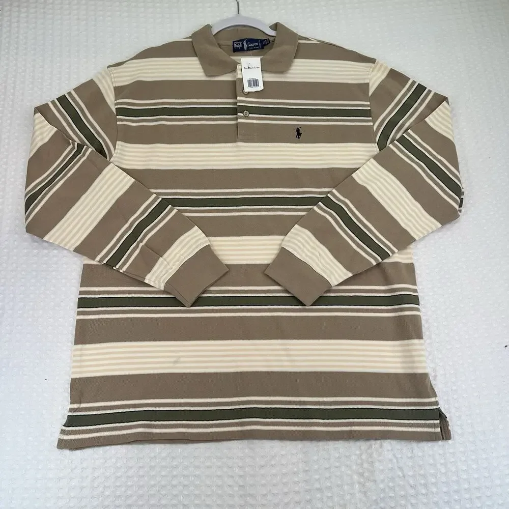 Polo Ralph Lauren Rugby Shirt XL Beige Green Striped Long Sleeve NWT